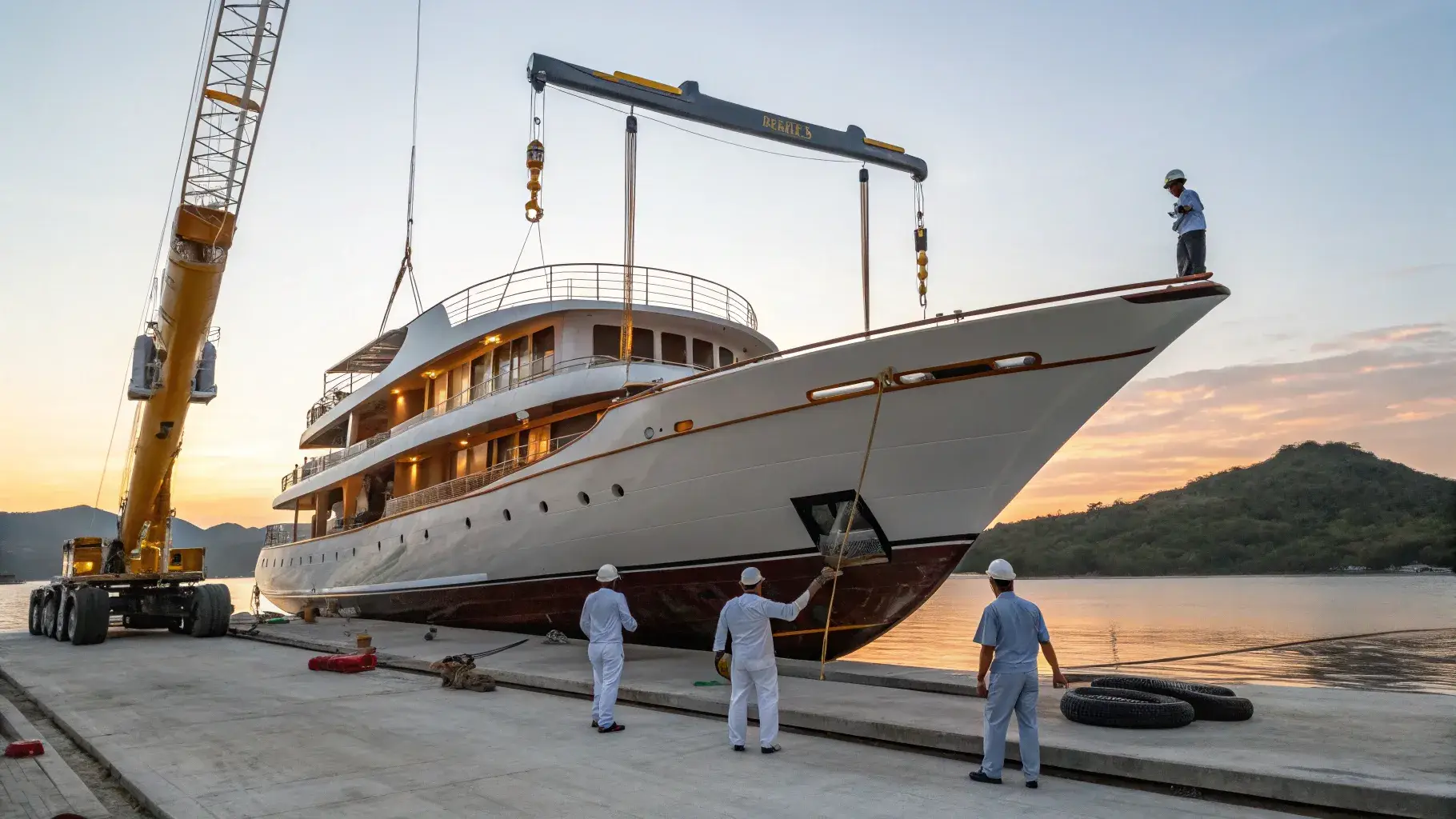 Two phinisi hulls under construction on the slipway