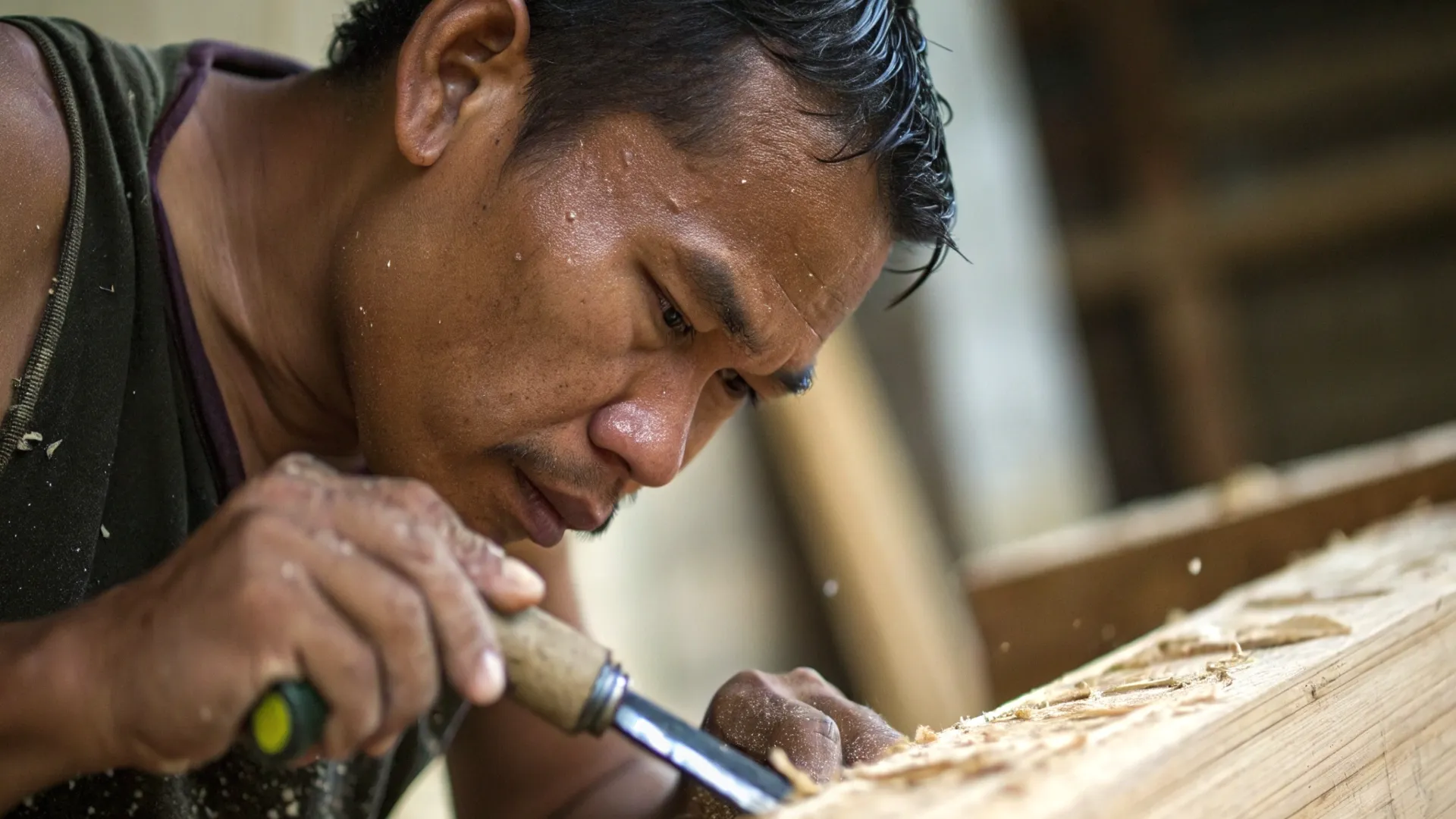 A shipwright shaping a timber by hand inside the yard